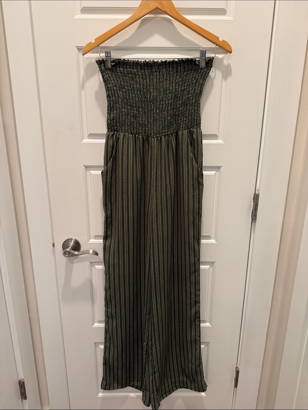 Socialite - Striped Smocked Strapless Wide Leg Jumpsuit - Olive Green - S